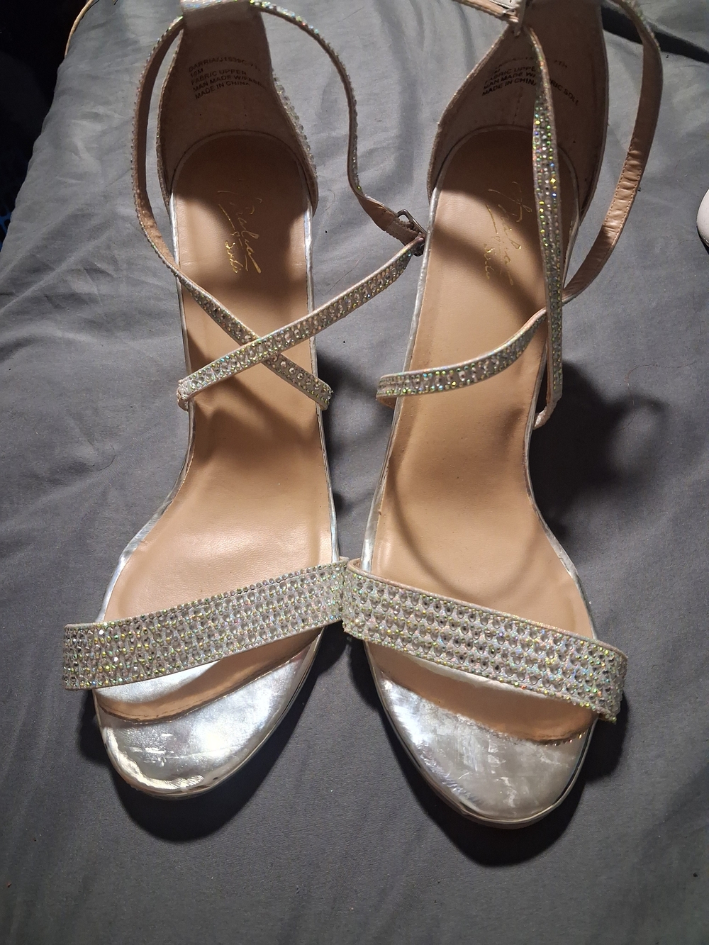 Women's Silver Rhinestone Ankle-Strap Heeled Sandals Size 10